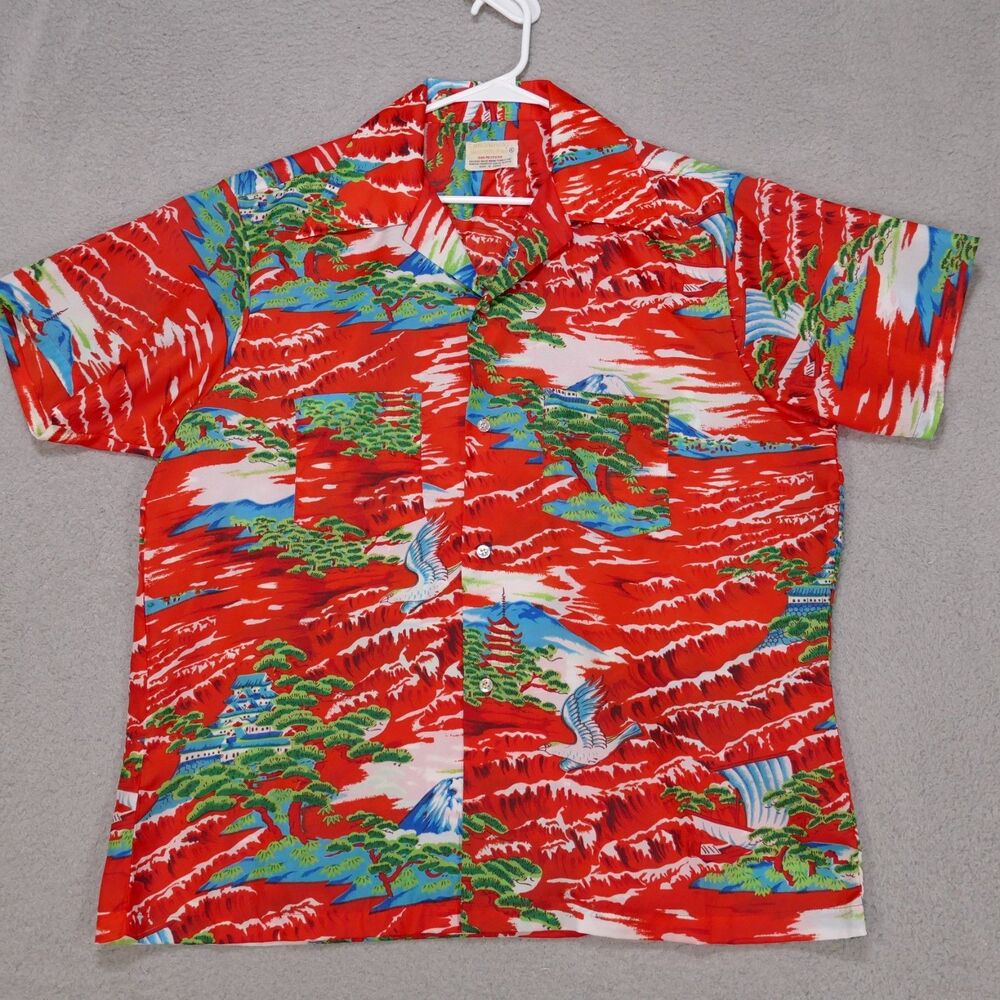 Vintage 70s Shirt Men XL Button Up Mt. Fuji Pagodas Dagger Collar Hawaiian Korea